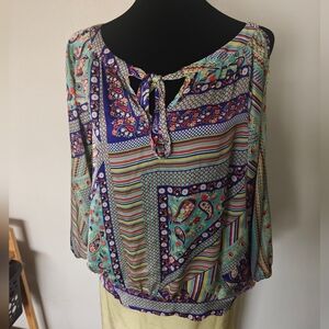 Open Shoulder Blouse M Med Umgee Colorful Cotton Blend Long Sleeve Satin